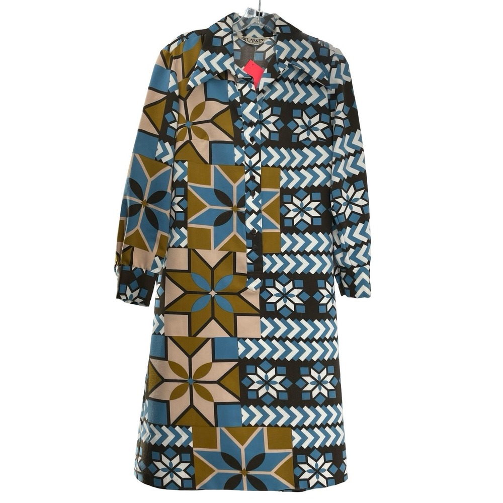 Lanvin Women's Dress Shirt Dress Blue Geometric Vintage 1970s Medium